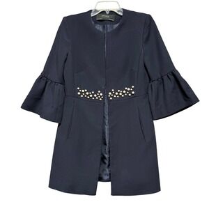 Zara Basic Navy Blue Pearl Embellished Bell Sleeve Collarless Coat Jacket Size M